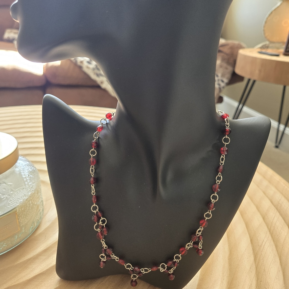 Liz Claborne Vintage Ruby Red Crystal Beaded Necklace Silver Tone Chain Drop